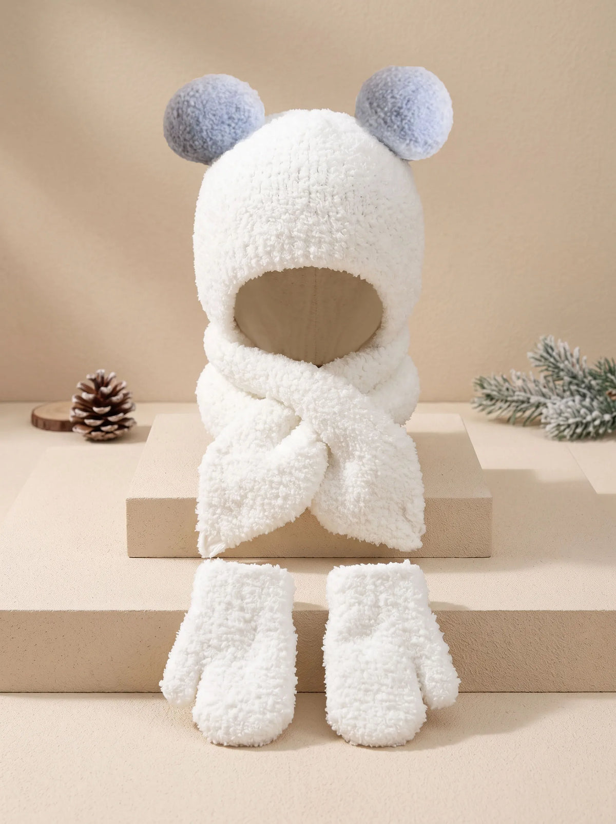 Set Invernale Neonato Effetto Teddy – Cappello Copriorecchie, Sciarpa e Guanti a Muffola