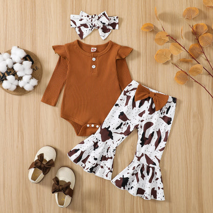 Completo Neonata 0-12 Mesi – Body a Costine Manica Lunga e Pantaloni a Zampa Leopardati