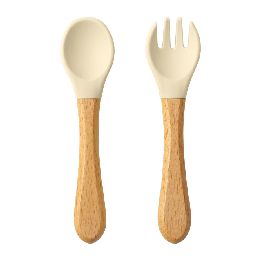 Set Posate da Apprendimento per Bambini – Cucchiaio e Forchetta in Silicone con Manico in Legno