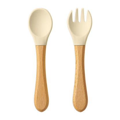 Set Posate da Apprendimento per Bambini – Cucchiaio e Forchetta in Silicone con Manico in Legno