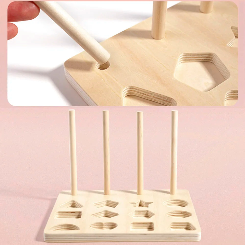 Gioco in Legno Forme e Colori Ispirato al Metodo Montessori con Carte Attività e Perline da Infilare – 3+ Anni