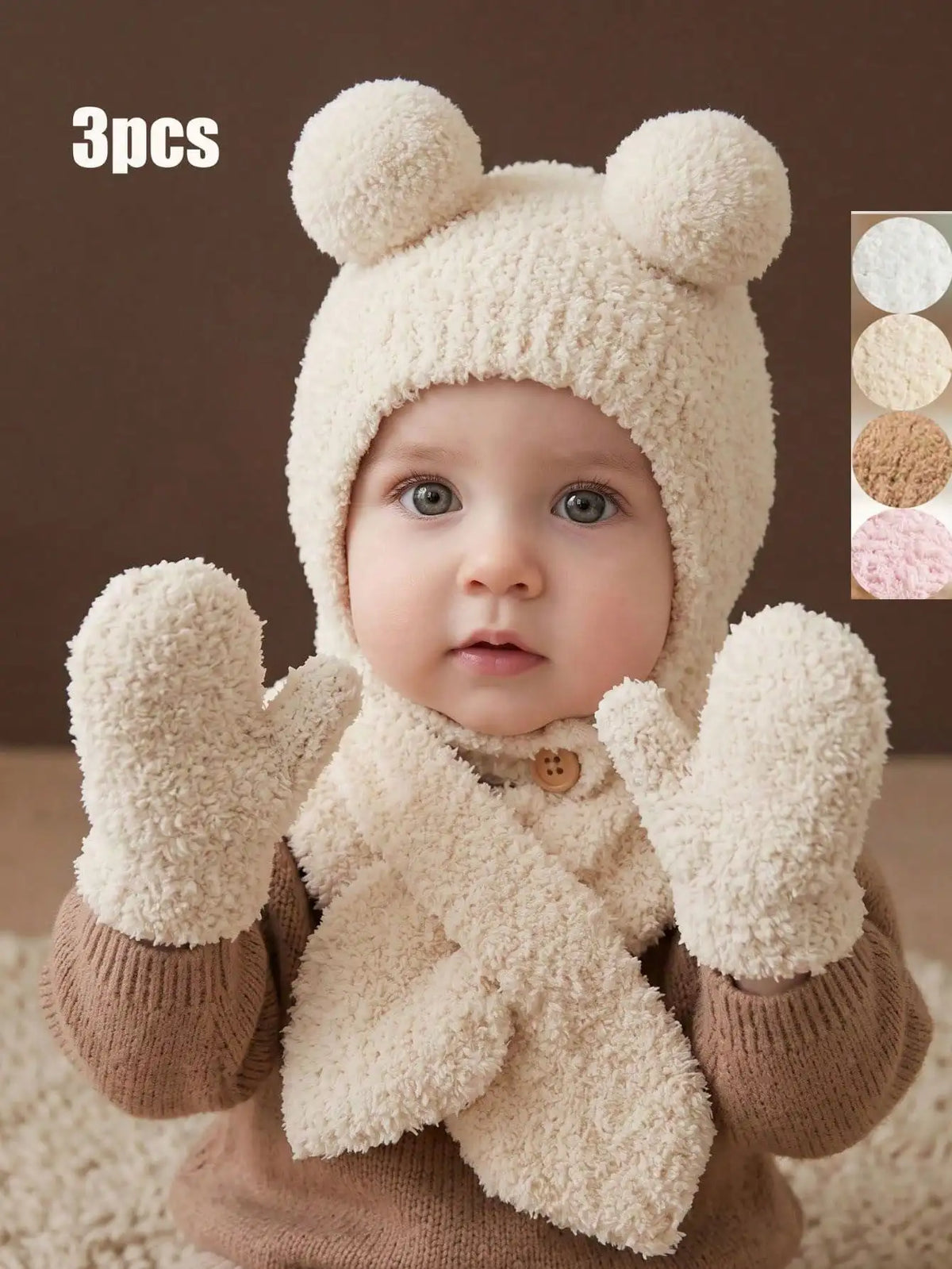 Set Invernale Neonato Effetto Teddy – Cappello Copriorecchie, Sciarpa e Guanti a Muffola