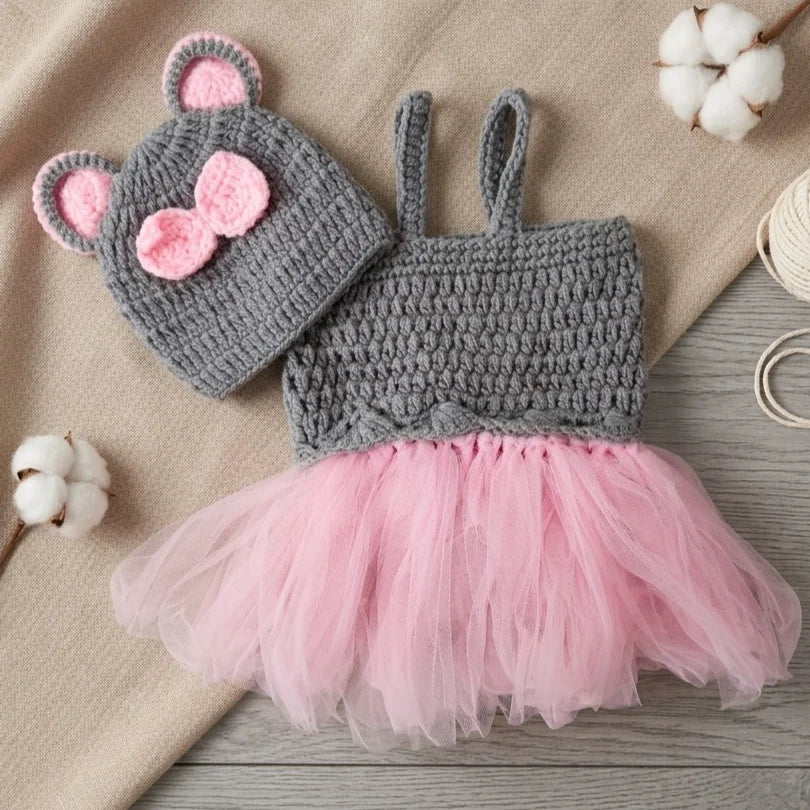 Completo Neonata 2 Pezzi con Vestitino in Tulle e Cappellino in Maglia