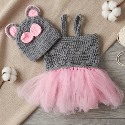 Completo Neonata 2 Pezzi con Vestitino in Tulle e Cappellino in Maglia