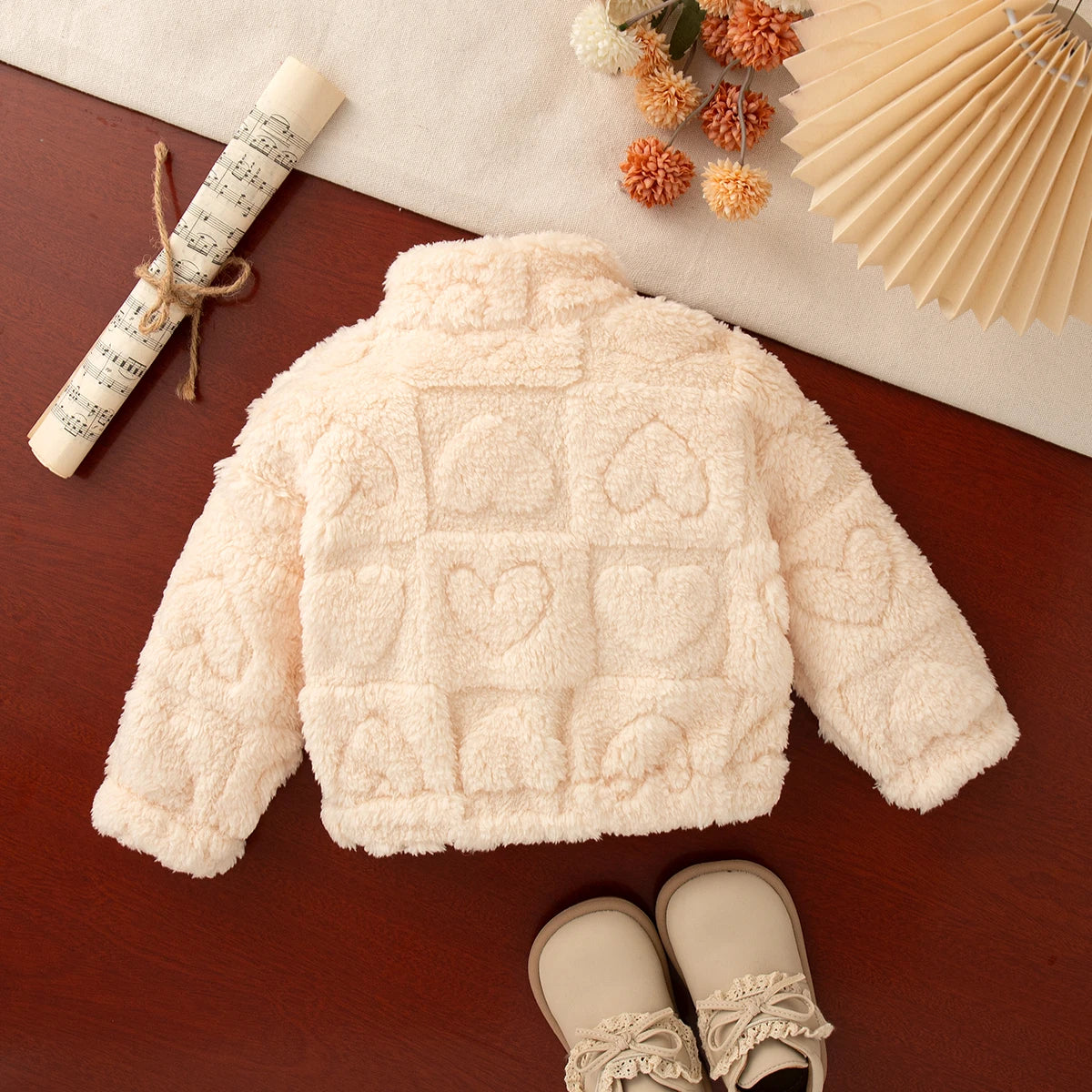 Giacca Invernale in Peluche per Neonata e Bambina – Cappotto in Pile con Zip e Cuoricini in Rilievo