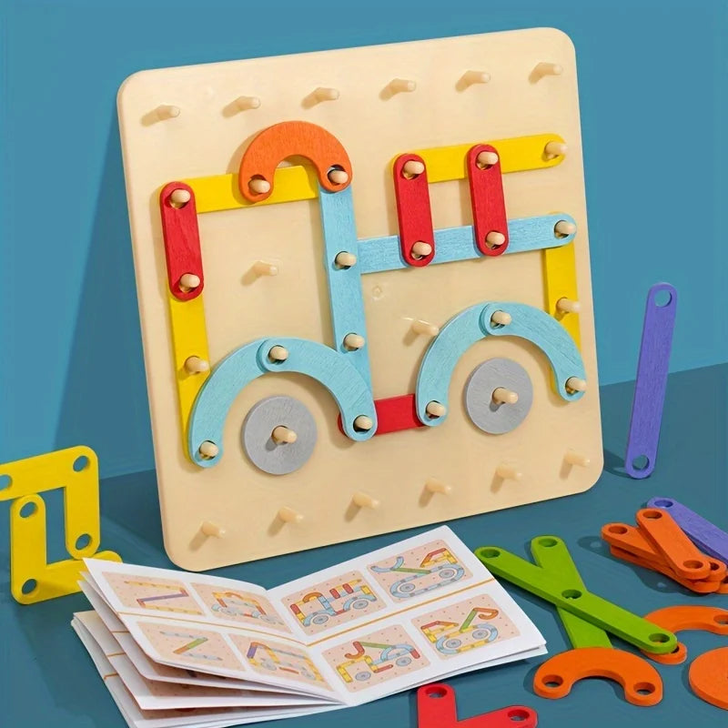 Gioco di Composizione in Legno per Bambini – Tavola con Pioli e Forme Colorate per Creare Figure e Lettere