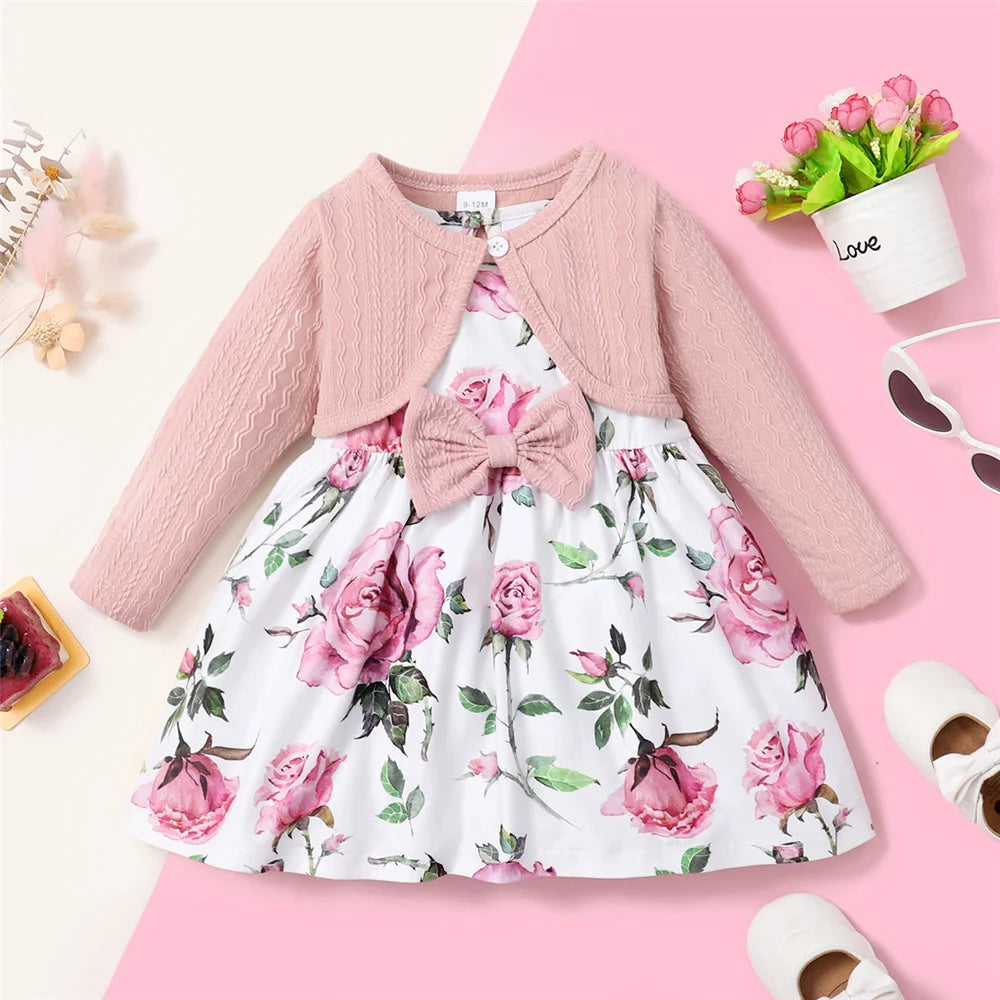 Vestito Bambina Floreale con Coprispalle Rosa – Completo 2 Pezzi 6 Mesi-3 Anni