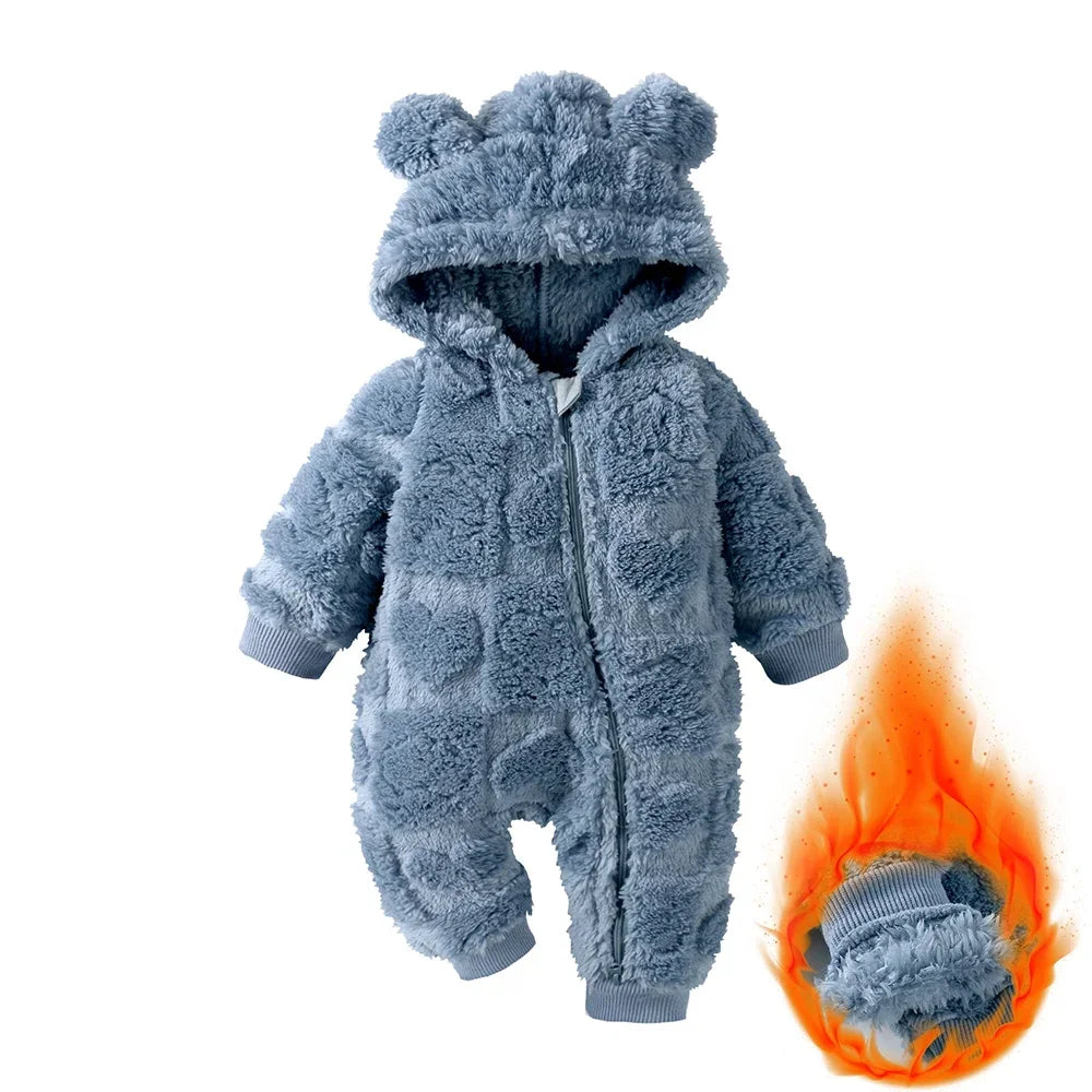 Tutina Invernale Neonato in Pile Effetto Peluche – Tuta con Cappuccio e Zip a Doppio Cursore