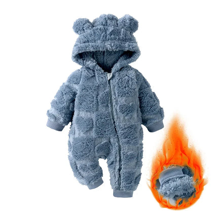 Tutina Invernale Neonato in Pile Effetto Peluche – Tuta con Cappuccio e Zip a Doppio Cursore