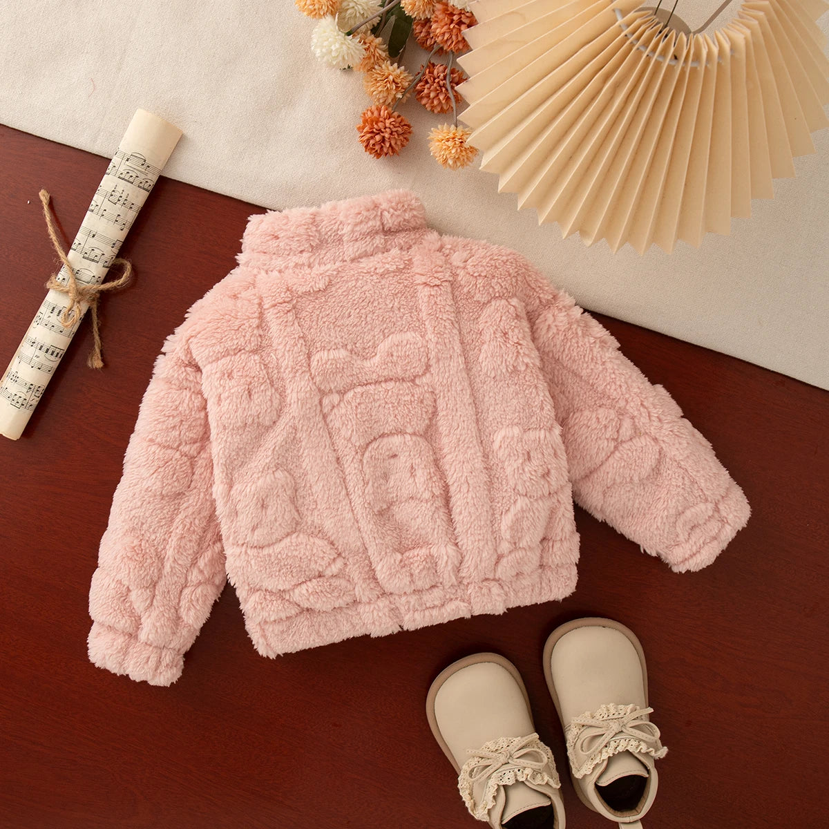 Giacca Invernale in Peluche per Neonata e Bambina – Cappotto in Pile con Zip e Cuoricini in Rilievo