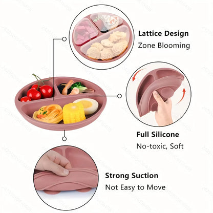 Piatto Svezzamento in Silicone con 4 Ventose – Piatto Pappa Antiscivolo a 3 Scomparti