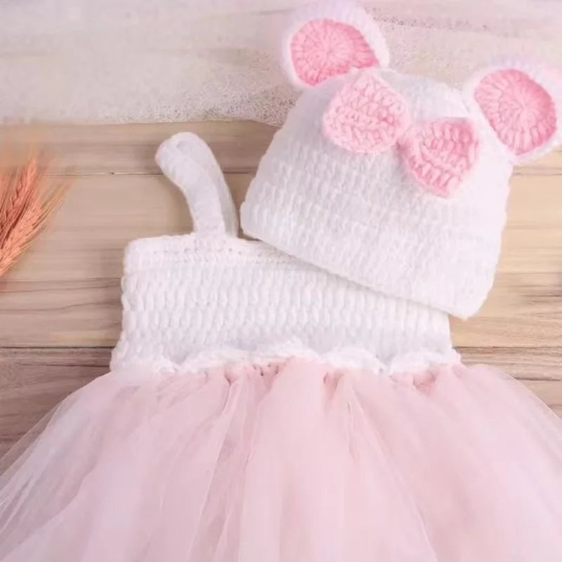 Completo Neonata 2 Pezzi con Vestitino in Tulle e Cappellino in Maglia