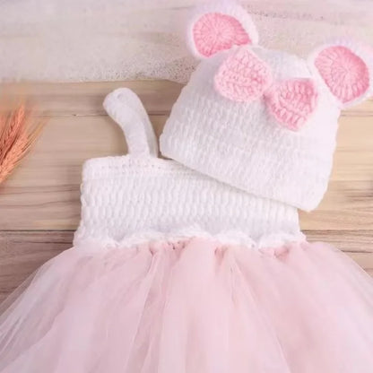 Completo Neonata 2 Pezzi con Vestitino in Tulle e Cappellino in Maglia