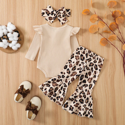 Completo Neonata 0-12 Mesi – Body a Costine Manica Lunga e Pantaloni a Zampa Leopardati