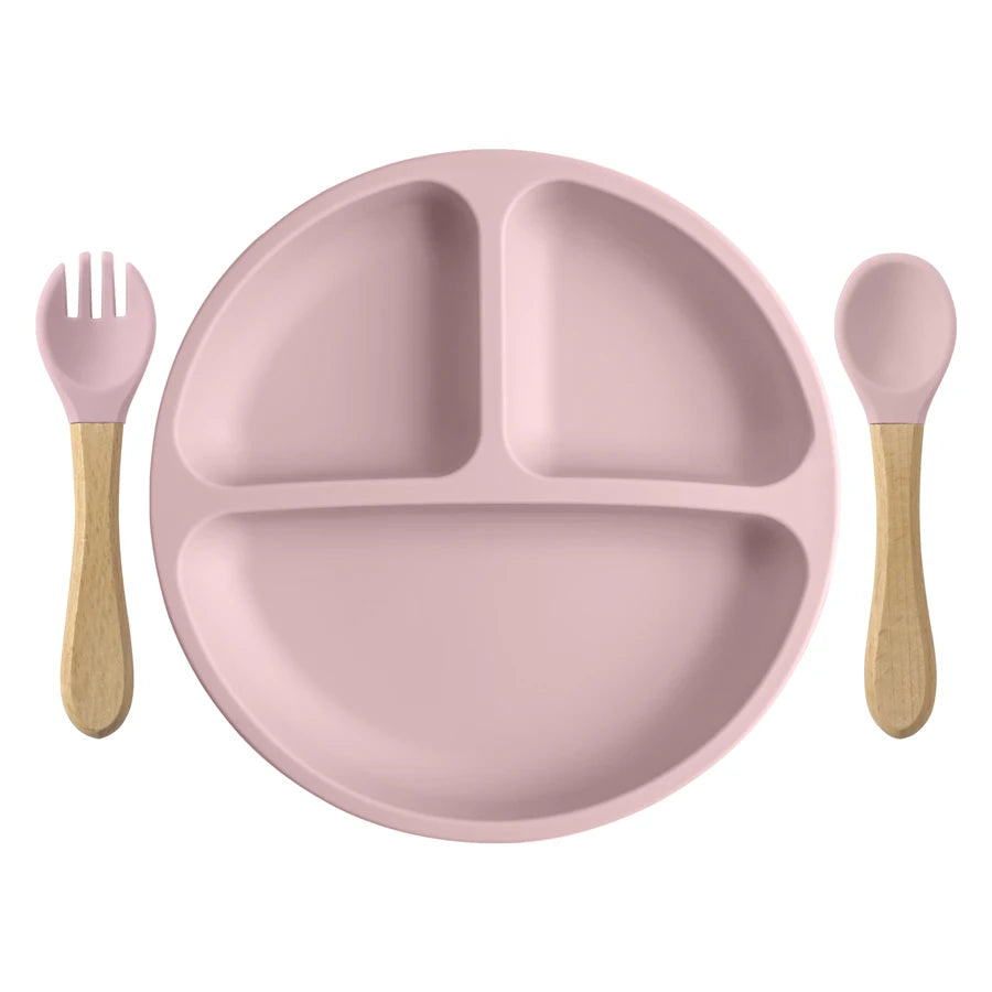 Set Pappa Svezzamento in Silicone con Piatto a 3 Scomparti e Posate con Manico in Legno