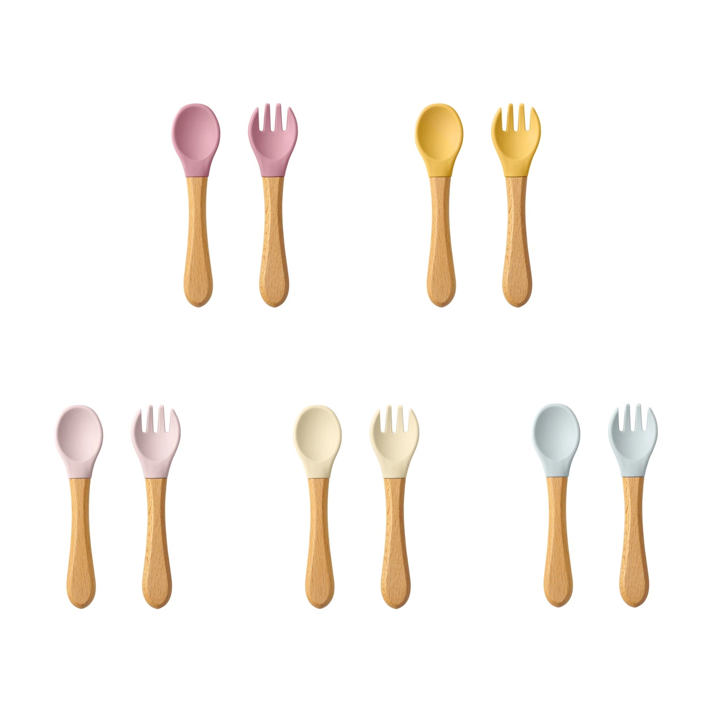 Set Posate da Apprendimento per Bambini – Cucchiaio e Forchetta in Silicone con Manico in Legno