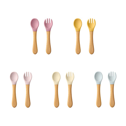 Set Posate da Apprendimento per Bambini – Cucchiaio e Forchetta in Silicone con Manico in Legno