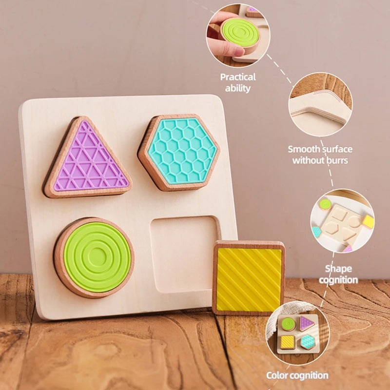 Puzzle Sensoriale Tattile in Legno con Forme e Texture – Gioco Educativo per Bambini