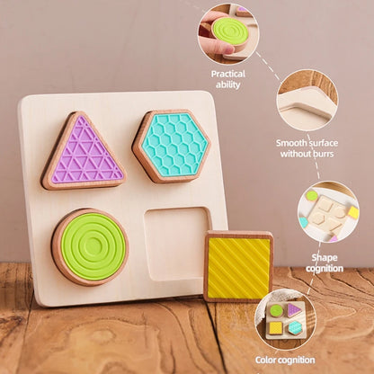 Puzzle Sensoriale Tattile in Legno con Forme e Texture – Gioco Educativo per Bambini