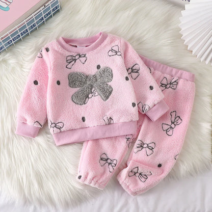 Tuta Invernale Bambina 2 Pezzi – Completo Rosa in Pile con Motivo a Fiocchi