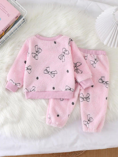 Tuta Invernale Bambina 2 Pezzi – Completo Rosa in Pile con Motivo a Fiocchi