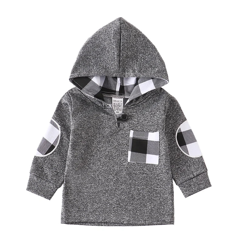 Felpa Leggera con Cappuccio Bambino 100% Cotone – Maglia a Maniche Lunghe con Dettagli a Quadri