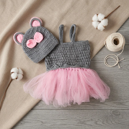 Completo Neonata 2 Pezzi con Vestitino in Tulle e Cappellino in Maglia