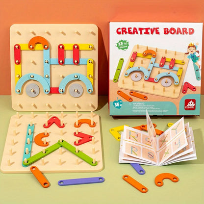 Gioco di Composizione in Legno per Bambini – Tavola con Pioli e Forme Colorate per Creare Figure e Lettere