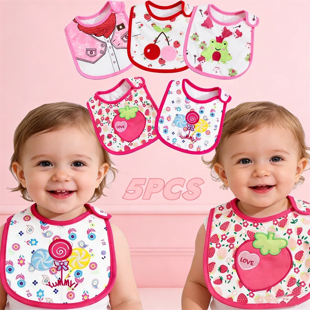 Set 5 Bavaglini Impermeabili Bambino e Bambina – Bavaglie per Pappa con Fantasie Colorate
