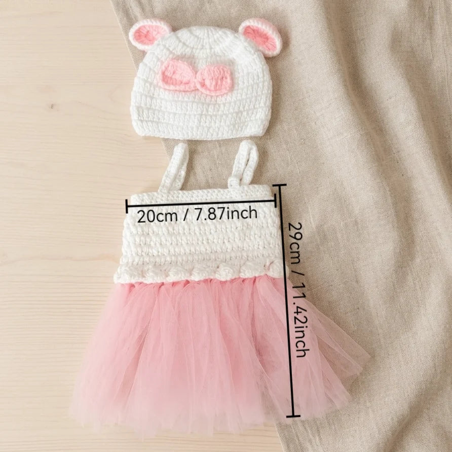 Completo Neonata 2 Pezzi con Vestitino in Tulle e Cappellino in Maglia