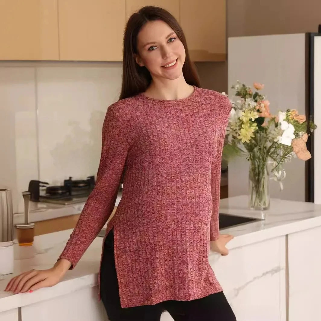 Maglia Premaman a Maniche Lunghe – Top Gravidanza Morbido con Spacchi Laterali e Vestibilità Ampia