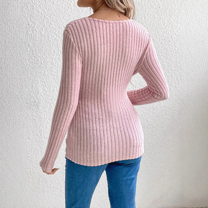 Maglia Premaman Lunga a Coste – Pullover con Scollo a V e Cintura