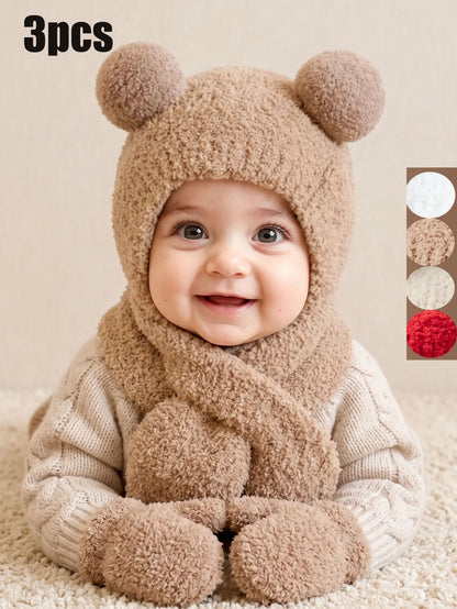 Set Invernale Neonato Effetto Teddy – Cappello Copriorecchie, Sciarpa e Guanti a Muffola
