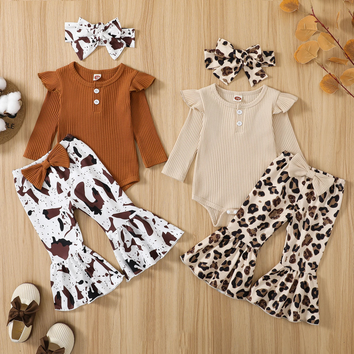Completo Neonata 0-12 Mesi – Body a Costine Manica Lunga e Pantaloni a Zampa Leopardati