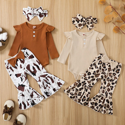 Completo Neonata 0-12 Mesi – Body a Costine Manica Lunga e Pantaloni a Zampa Leopardati