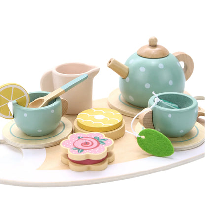 Set da Tè in Legno per Bambini – Servizio da Tè Giocattolo con Dolcetti, Gioco di Ruolo Educativo 3+ Anni