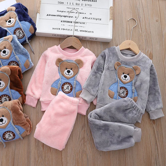 Completo Invernale Bambino e Bambina in Morbida Flanella – Felpa con Orsetto e Pantaloni