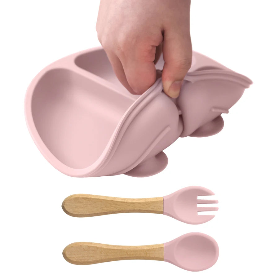 Set Pappa Svezzamento in Silicone con Piatto a 3 Scomparti e Posate con Manico in Legno