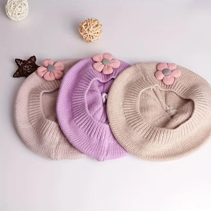 Berretto Basco Bimba in Maglia con Fiore – Autunno Inverno