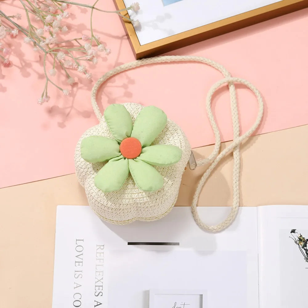 Borsetta Bambina a Tracolla in Paglia Intrecciata con Fiore – Mini Borsa con Chiusura Zip