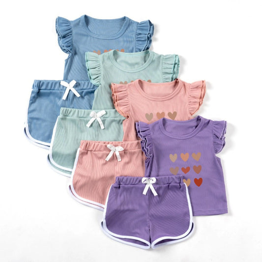 Completo Estivo Bambina 2 Pezzi – Maglia a Coste con Volant + Pantaloncini Corti
