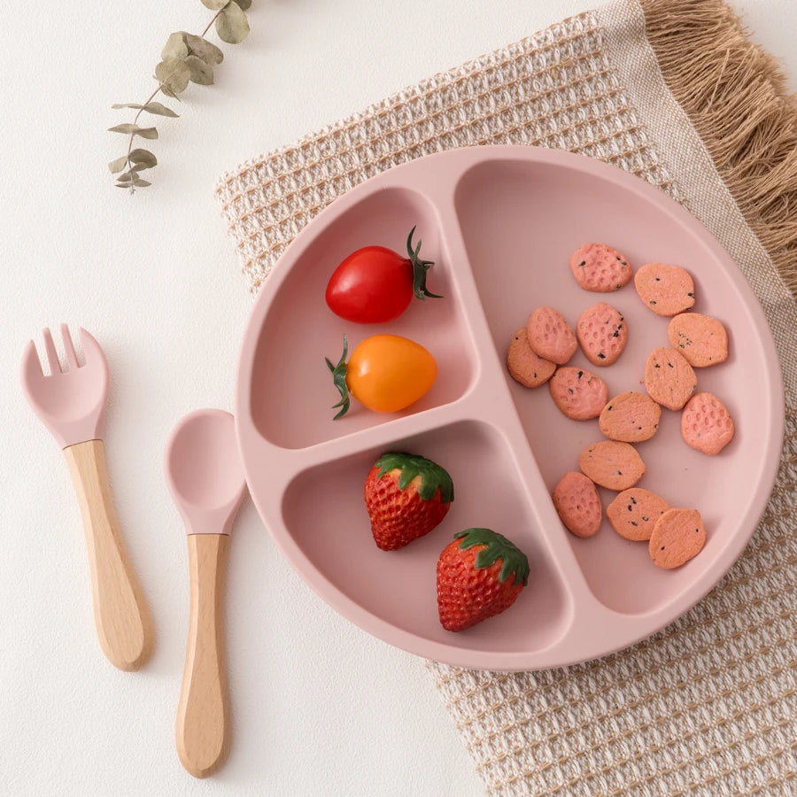 Set Pappa Svezzamento in Silicone con Piatto a 3 Scomparti e Posate con Manico in Legno