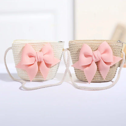 Borsetta Bambina a Tracolla in Paglia con Maxi Fiocco – Mini Borsa con Zip 14 × 12 cm