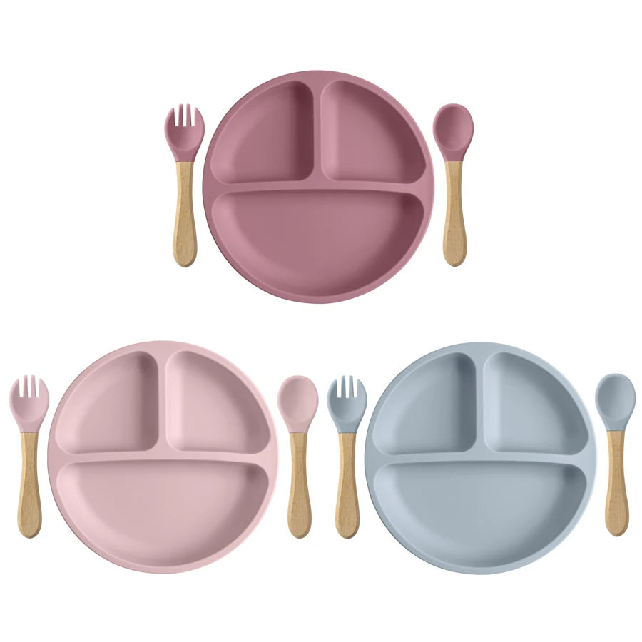 Set Pappa Svezzamento in Silicone con Piatto a 3 Scomparti e Posate con Manico in Legno