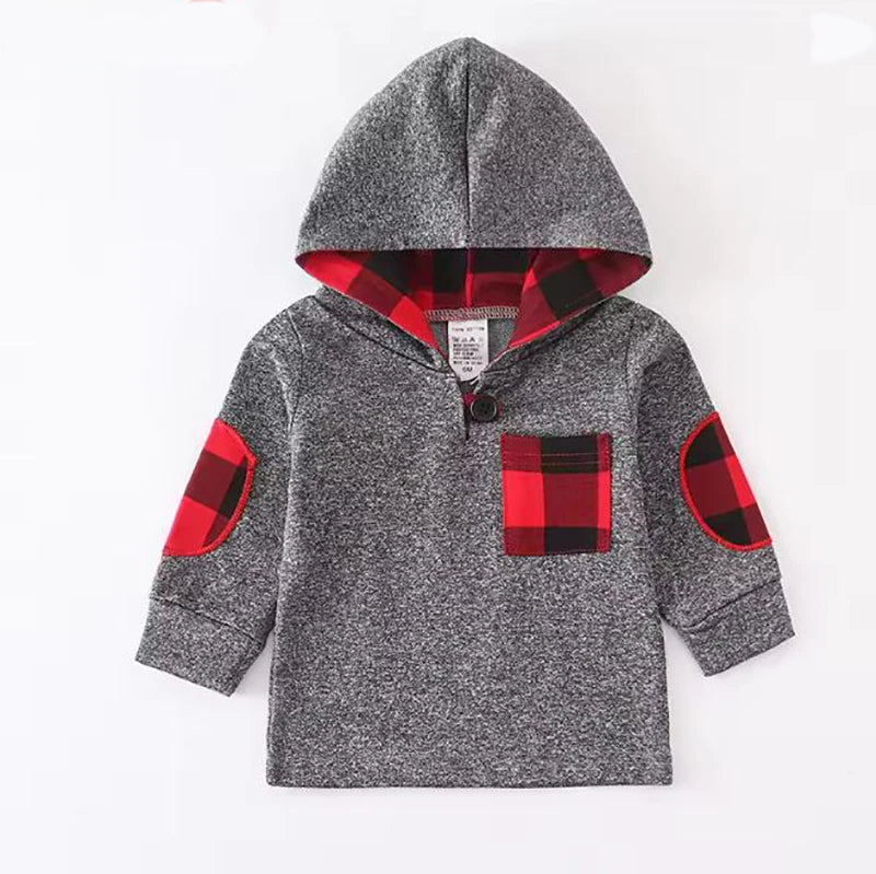 Felpa Leggera con Cappuccio Bambino 100% Cotone – Maglia a Maniche Lunghe con Dettagli a Quadri