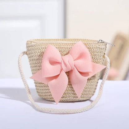 Borsetta Bambina a Tracolla in Paglia con Maxi Fiocco – Mini Borsa con Zip 14 × 12 cm
