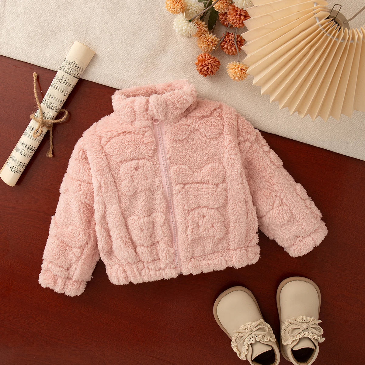 Giacca Invernale in Peluche per Neonata e Bambina – Cappotto in Pile con Zip e Cuoricini in Rilievo