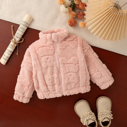 Giacca Invernale in Peluche per Neonata e Bambina – Cappotto in Pile con Zip e Cuoricini in Rilievo