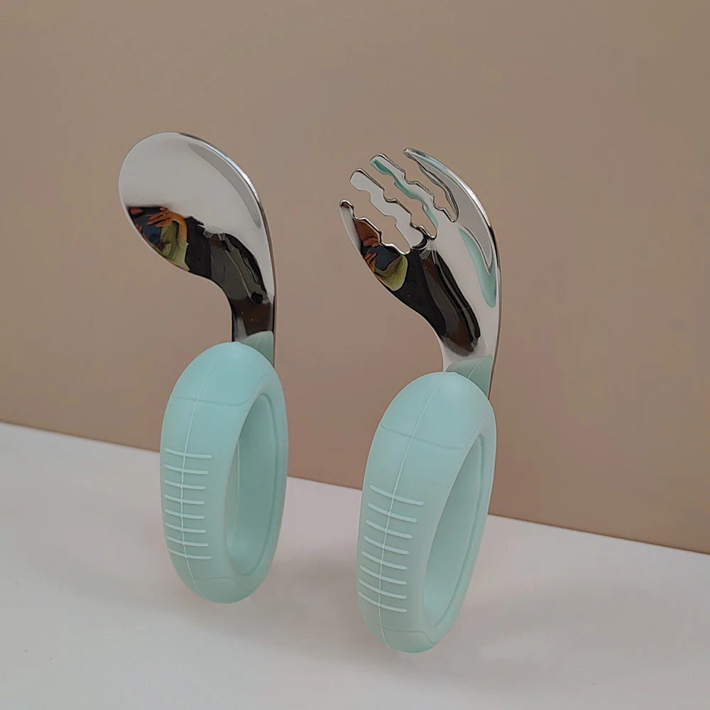 Posate Svezzamento e Apprendimento Bambino – Cucchiaio e Forchetta in Acciaio Inox 316 con Manici Ergonomici Comprimibili