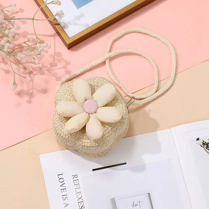 Borsetta Bambina a Tracolla in Paglia Intrecciata con Fiore – Mini Borsa con Chiusura Zip